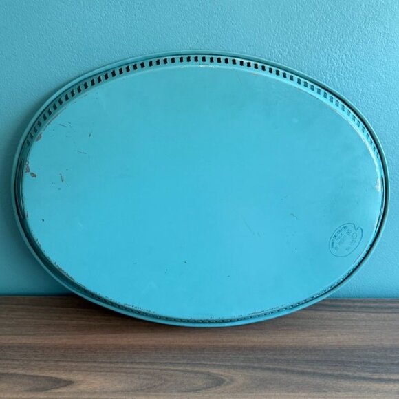 Vintage Turquoise Toleware Pilgrim Art Oval Tray 155 Reticulated Hand Painted - Picture 7 of 10